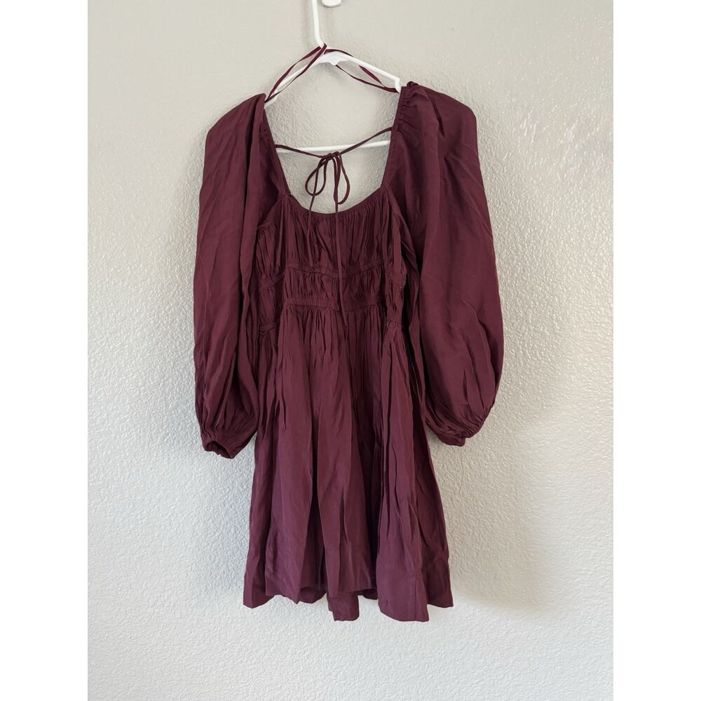 Burgundy Boho Mini Dress Mustard Seed Size Small Romantic Babydoll Drawstrings - Picture 3 of 7